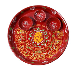 Hand-painted Decorative Pooja Thali With Ganesha Motif And Diyas