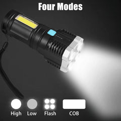 Multifunctional Strong 4 Led Torch Light Portable Rechargeable Flashlight Long Distance Beam Range 800 Lumens Cob Light 4 Mode Emergency For Hiking Walking Camping (4 Led Torch)