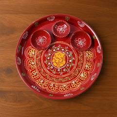 Hand-painted Decorative Pooja Thali With Ganesha Motif And Diyas