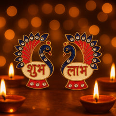 Decorative Peacock Design Shubh Labh Wall Hanging (2 Pc)