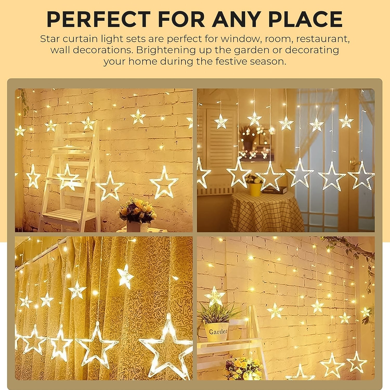 12 Stars Led Curtain String Lights With 8 Flashing Modes For Home Decoration Diwali  Wedding Led Christmas Light Indoor And Outdoor Light Festival Decoration  (Warm White)